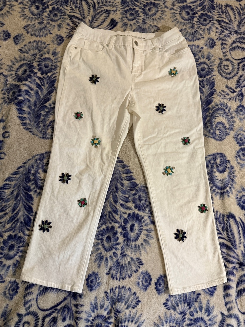 Chico's White Straight-Leg Jeans with Colorful Floral Jewel Appliqués